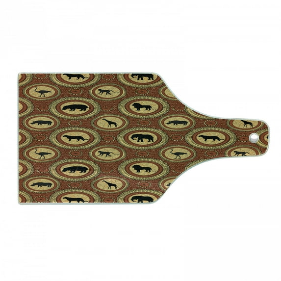 Safari Cutting Board, Medallion Pattern with Monkey Giraffe Elephant Lion Rhino, Decorative Tempered Glass Cutting and Serving Board, in 3 Sizes, by Ambesonne