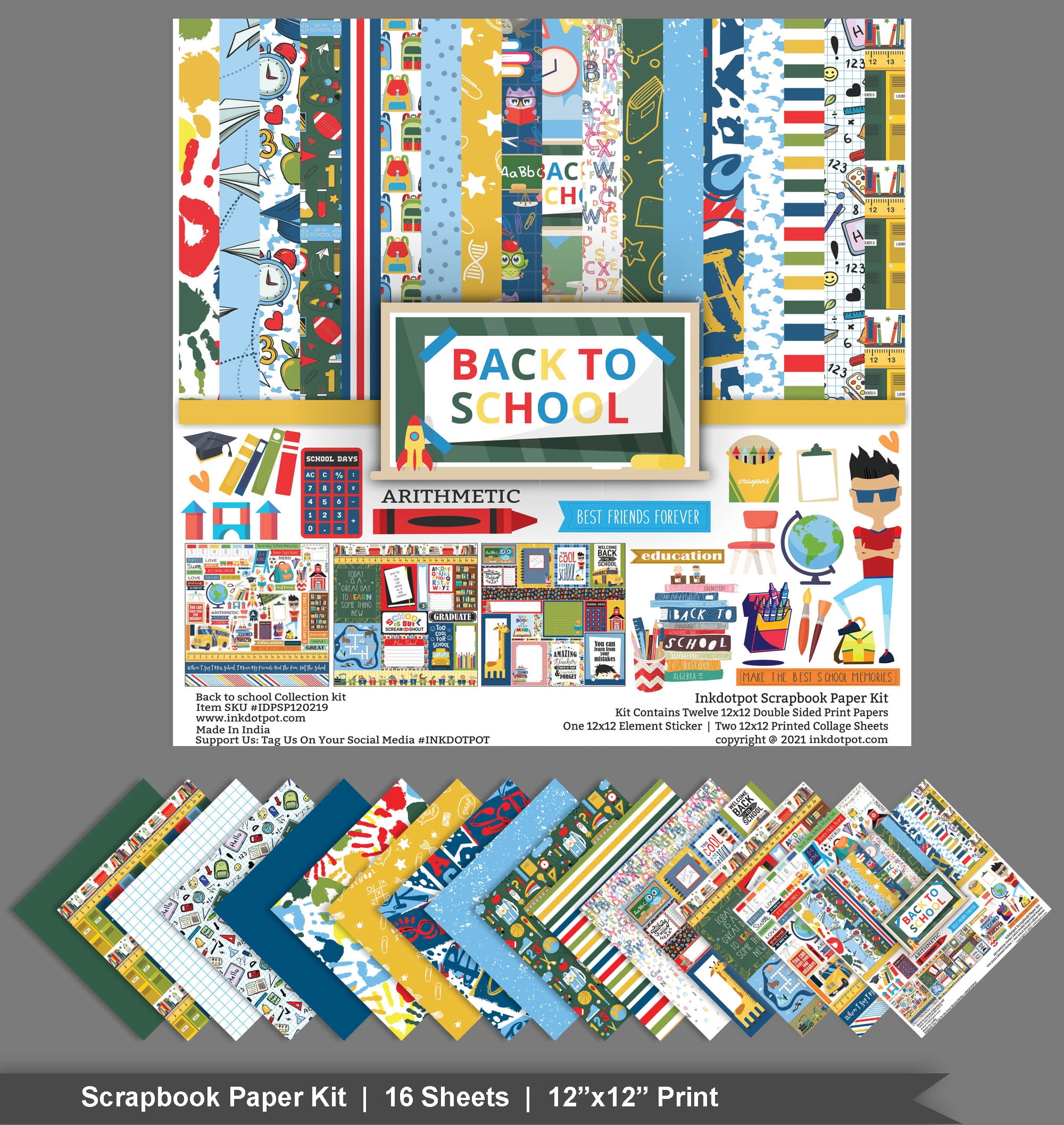 Inkdotpot Back To School Collection Double,Sided Scrapbook Paper Kit Cardstock 12"x12" Card Making Paper Pack Of With Sticker Sheet - 16 Pages - Multicolor