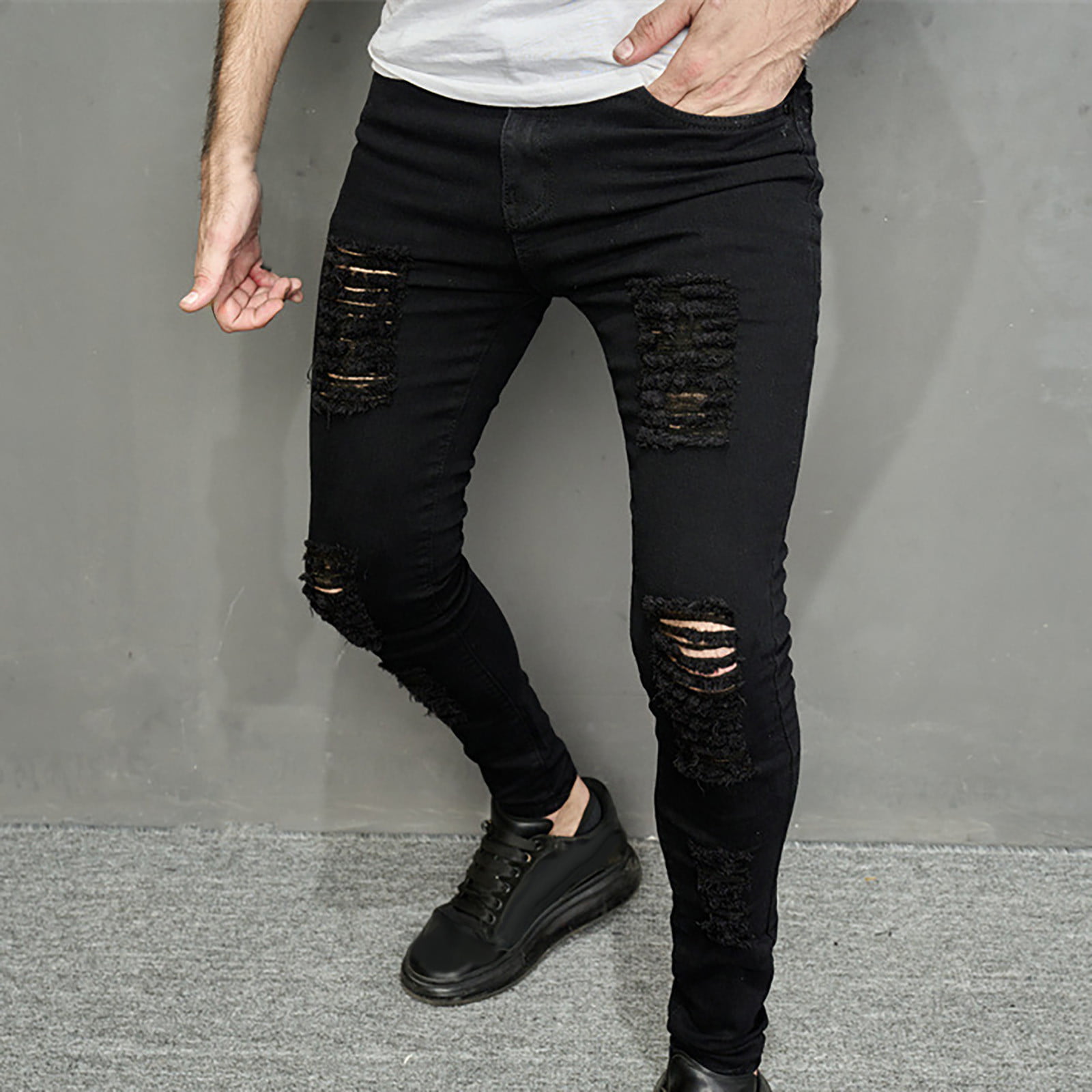 Retro Black Black Ripped Jeans Mens With Stretch Holes, Ripped Design, And  Slim Fit High Quality Fashion Casual Denim Trousers From Cinda01, $22.17 |  DHgate.Com