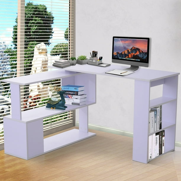 360° Rotating Home Office Corner Desk and Storage Shelf Combo White