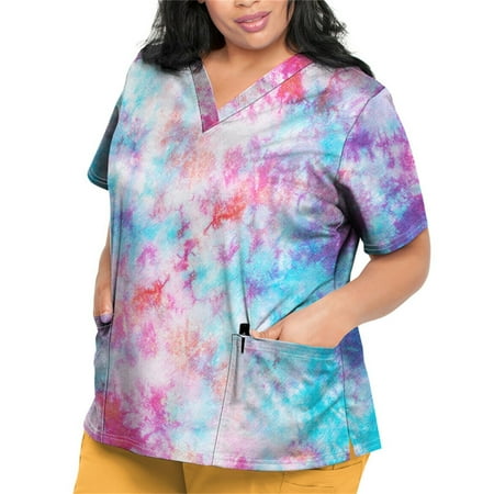

Sksloeg Women s Scrubs Breathable Tie-dye Printed Shirts Tee Tops Short Sleeve V-Neck Nursing Working Uniform with Pockets Cyan M