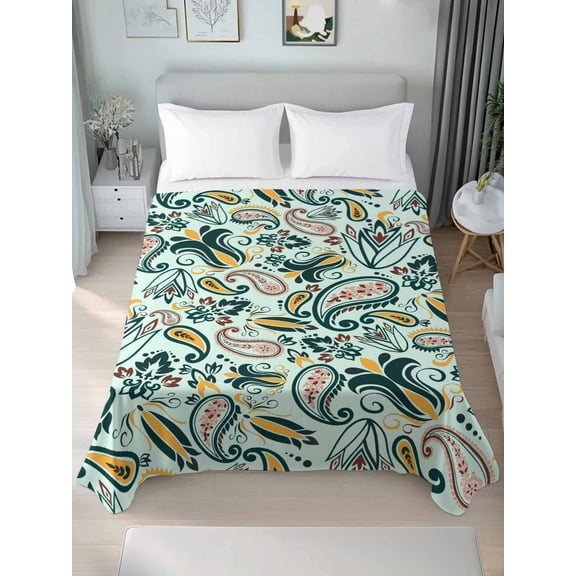 Boho Sage Green Floral Queen Size Flat Sheet, Wrinkleproof & Fadeproof Cooling Flat Bed Sheet Only, Farmhouse Botanical Vintage Paisley Flower Breathable Soft Bedding Top Sheets 90 x 102 Inches