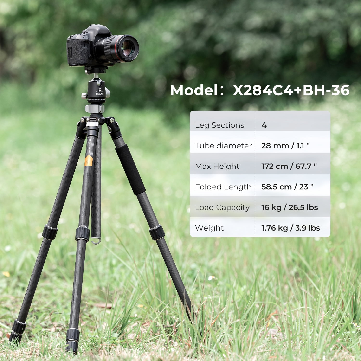 K&F Concept 68"/1.7m Carbon Fiber Camera Tripod, Professional Camera Tripod with 36mm Metal Ball Head Load,16KG/35.2lbs Travel Tripod for DSLR Camera