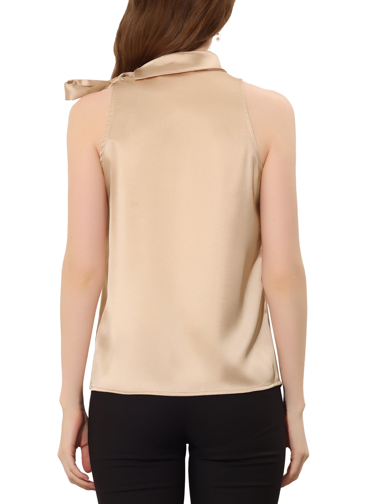 Unique Bargains Women's Elegant Sleeveless Bow Tie Neck Solid Work Blouse Tops XL Champagne