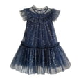 thumbnail image 1 of Rhuody Robe pour Filles Col Rond Tout-Petit Manches Volantées Étoile Lune Robe à Paillettes Danse Fête Volants Robe d'Été Tenue Mode Bleu 3-4 Ans, 1 of 6
