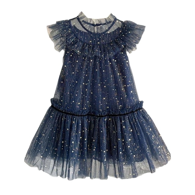 Rhuody Robe pour Filles Col Rond Tout-Petit Manches Volantées Étoile Lune Robe à Paillettes Danse Fête Volants Robe d'Été Tenue Mode Bleu 3-4 Ans
