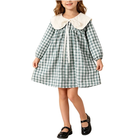 StSilkitty Dress for Girls Plaid Cotton Long Sleeve Collared Bowknot A-Line Dresses Fall Lightweight Casual Outfits