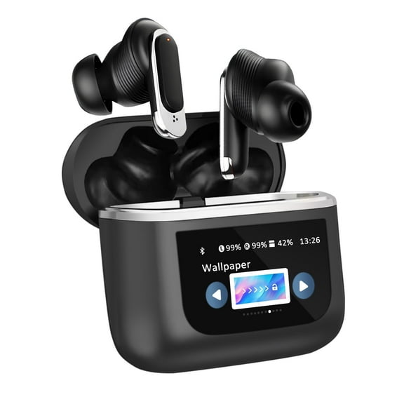 Wireless Earbuds w/ 1.47in LCD Touch Screen, 5.3 Bluetooth, True Wireless Noise Cancelling, 32H Playback, IP4 Waterproof, Lightweight, ANC & Transparency Mode, 450mAh Battery Wireless Charging Case