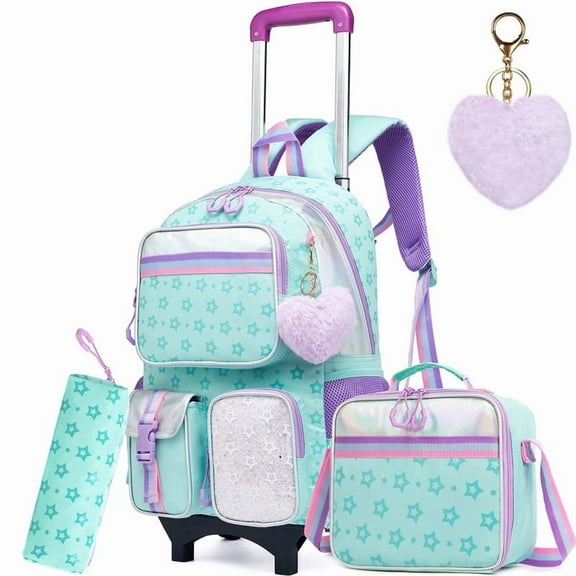 Kids Rolling Backpacks for Girls with Wheels Wheeled Backpack for School with Lunch Box Pencil Case Cute Bookbag Age 8-10