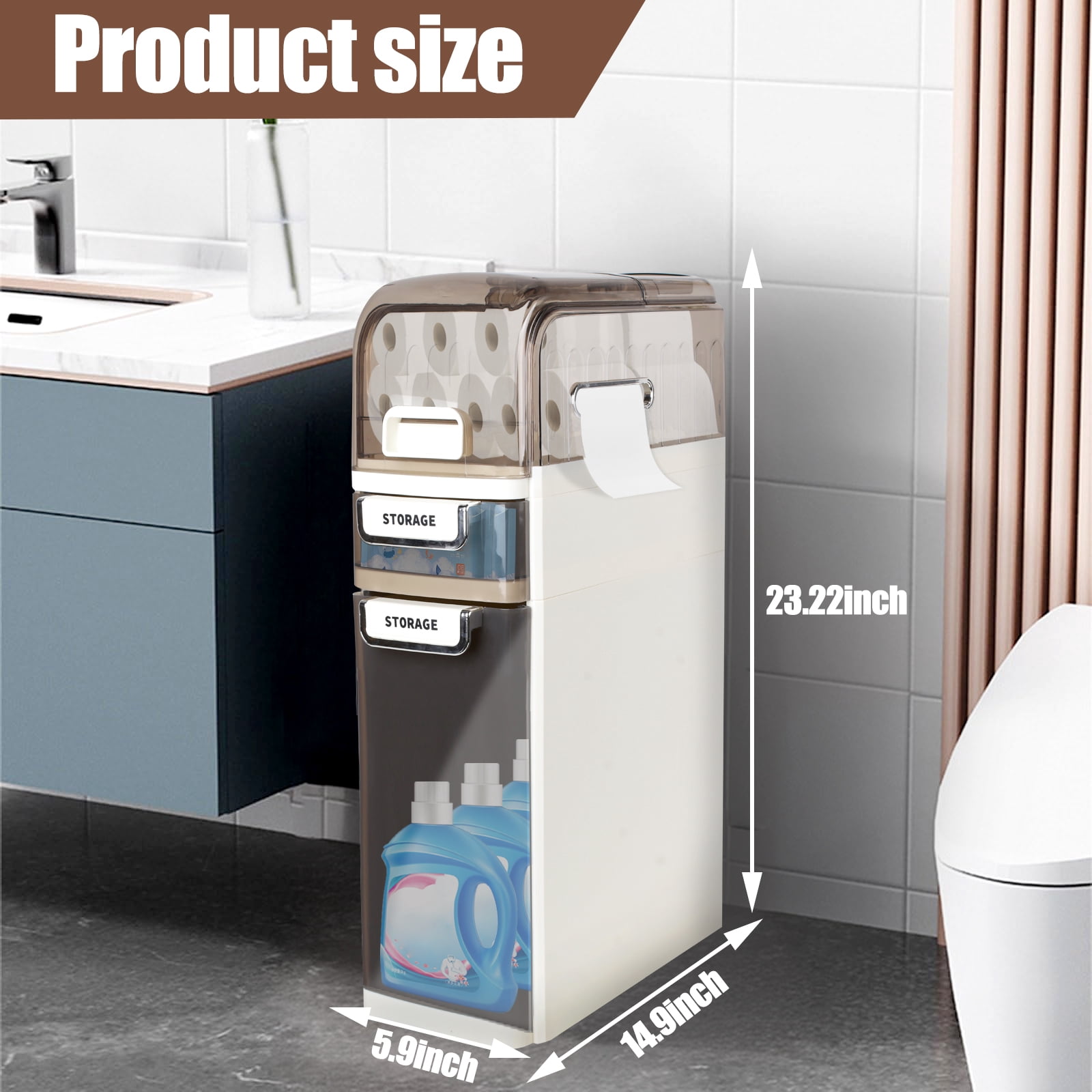 3 Tier Standing Storage Cabinet with Drawers and Removable Rollers, Slim Bathroom Storage Cabinet, Large Capacity Design, Narrow Toilet Paper Cabinet for Tight Spaces, White