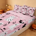 thumbnail image 3 of Homewish Halloween Ghost Witch Zipper Full Size Comforter Sets with Fitted Sheet and 2 Pillowcases for Girls, Pumpkin Bat Skull Zipper Bedding Set, Pink Black White, Pink Reversible, 3 of 7