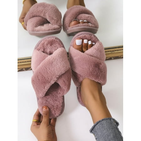 

Women‘s Pink Solid Color Bedroom Slippers Crossed & Fluffy Home Slippers