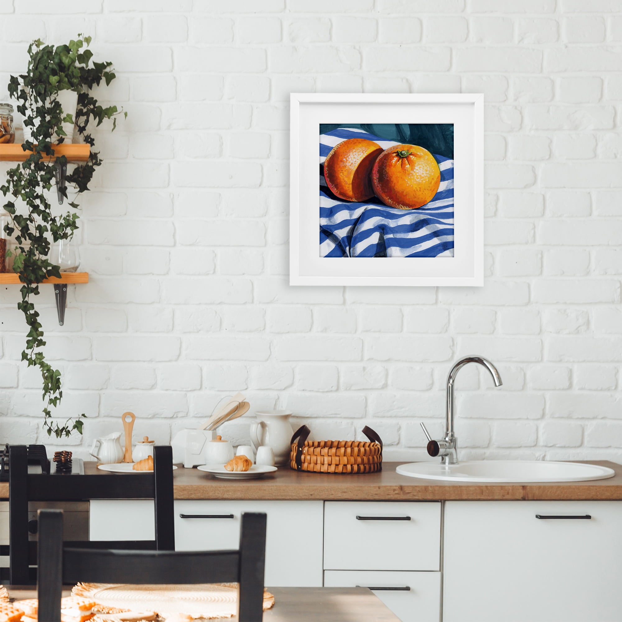 Stupell Industries Oranges On Striped Cloth White Framed Print Under Glass, design by Kate Jarvik Birch