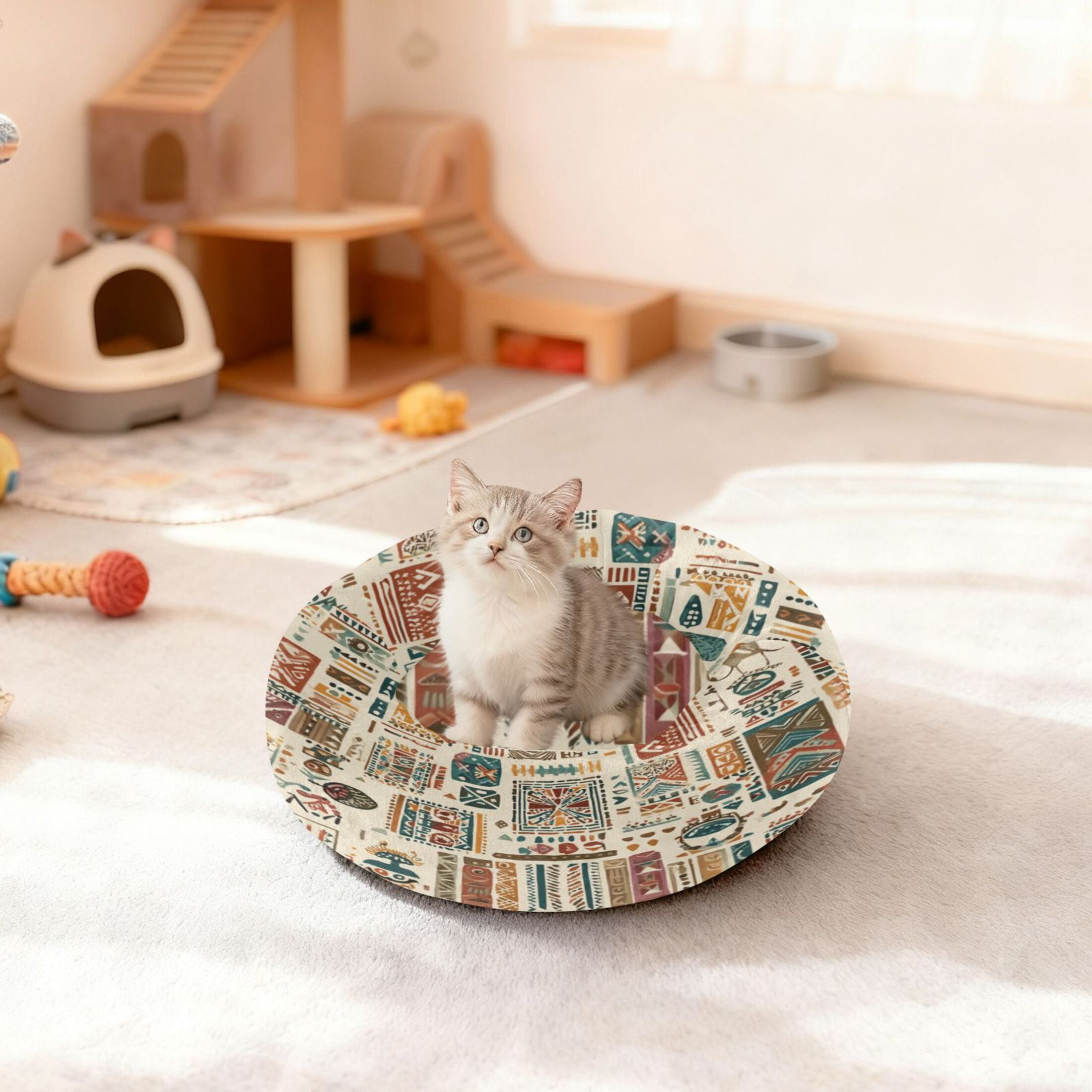 Iauyy Pet Couch Donut Cat Bed for Indoor Cats/Small Dogs Washable & Machine with Non-slip Bottom Calming Cat Furniture, Illustrated Poster (M)