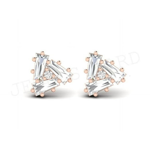 3-Stone Stud Earrings For Women D/VVS1 White Baguette Small Daily Wear Earrings 14K Rose Gold Plating Over Silver