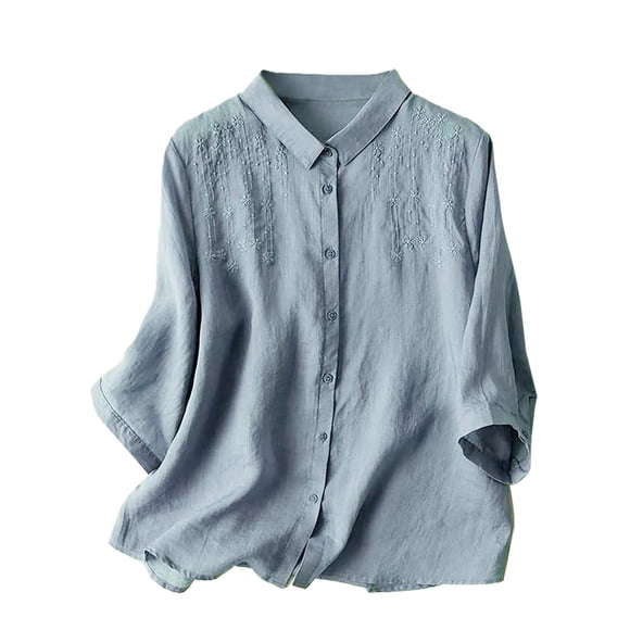 Baberdicy 2025 Embroidered Linen Shirts for Women - 3/4 Sleeve Boho Vacation Tops (Retro Summer Blouses, Beach Casual) Blue XXL