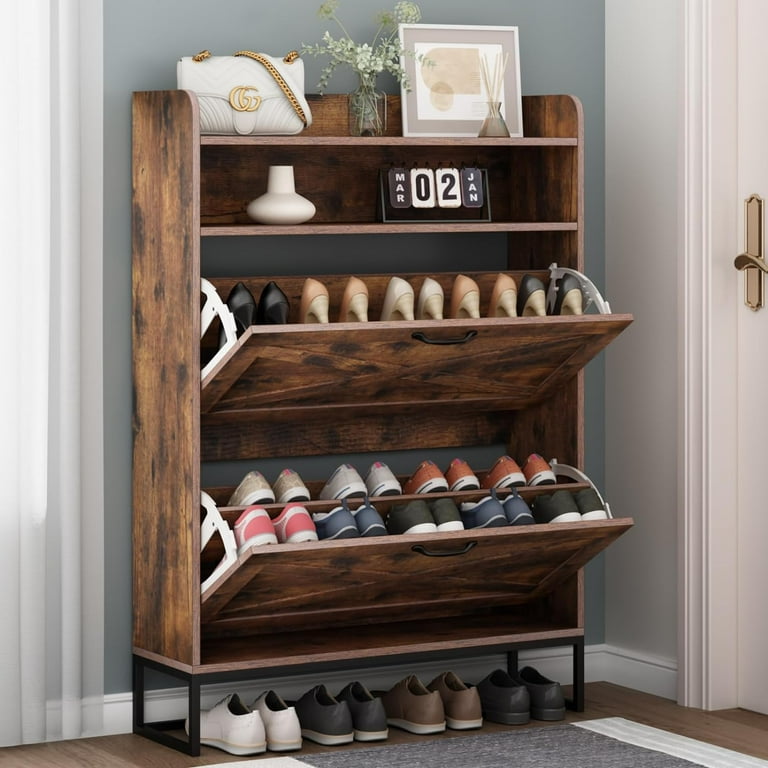 Auromie Shoe Cabinet Freestanding Tipping Bucket Shoe Storage Cabinet with 2 Flip Drawers Rustic Entryway Shoe Rack with Top Storage Cubby Narrow Slim Hidden Shoe Organizer with Doors Brown Walmart ...