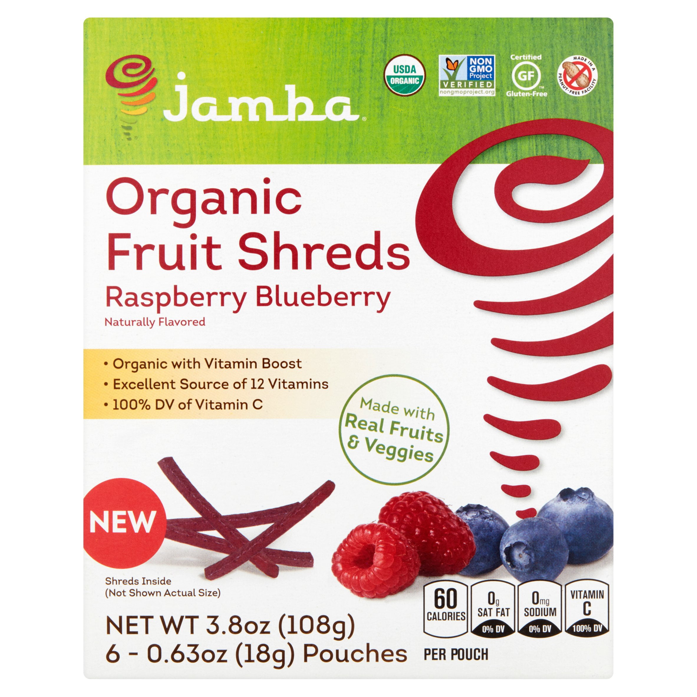 (4 Pack) Jamba Raspberry Blueberry Organic Fruit Shreds, 6 pack, 0.63