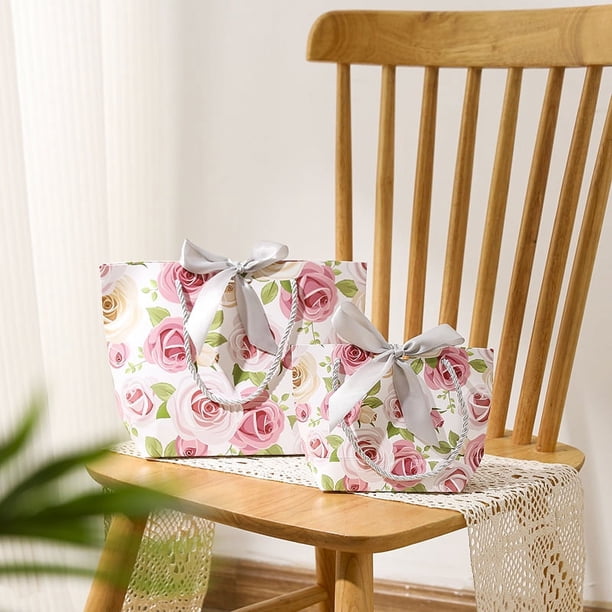 Zhuge Cajas de regalo, bolsas de embalaje, bolsas de regalo rosas, bolsas de mano artísticas retro, bolsas de regalo con flores y acompañantes (blancas, grandes)