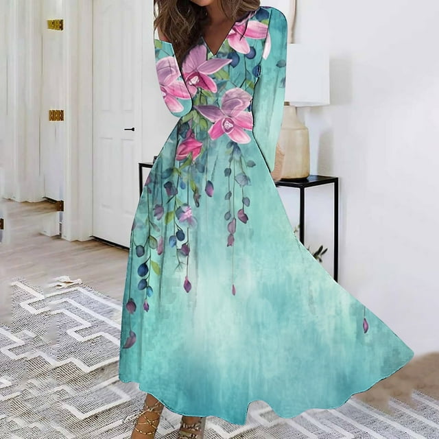 mtvxesu Robes pour Femmes, Robe Décontractée Ample à Imprimé à Col en V à Manches Longues pour Femmes, Robes de Retour à la Maison