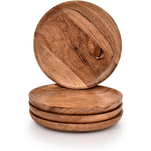 Dinner Plate Acacia Wood Round Set of 4 Wooden Plates for Eating Salad Fruit Food Dishe Platter Lightweight (6" x 6" x 0.75")