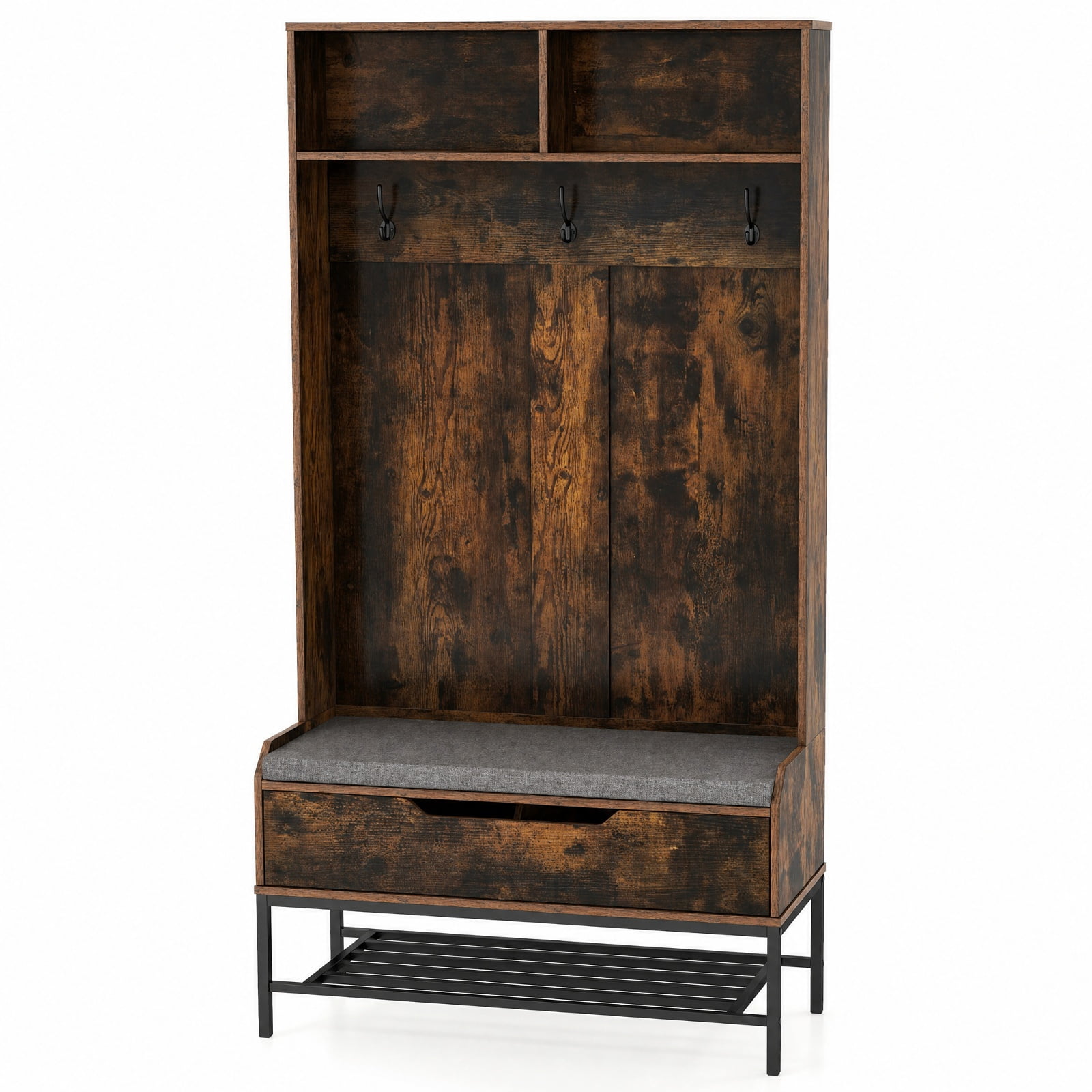 Furnibear 69 Inch Tall Hall Tree 4 in 1 Coat Rack with Cushioned Bench and Shoe Storage and Hooks for Entryway and Foyer, Rustic Brown