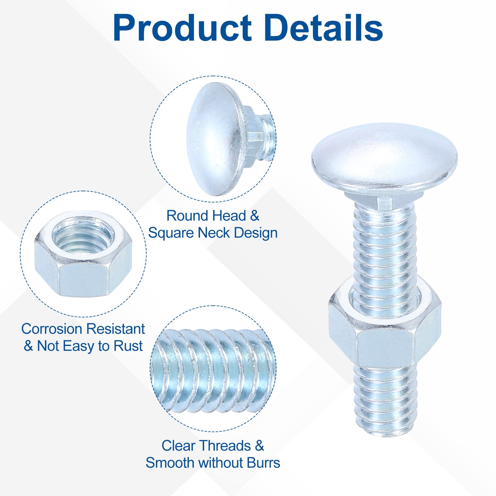 Uxcell 20Set Carriage Bolts and Nuts Kit, 5/16"-18x1-1/5" Carbon Steel Round Head Square Neck Carriage Bolts Screws and Hex Nuts, Bluish-white
