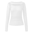 thumbnail image 4 of Lace Mesh Sheer Long Sleeve Tops for Women Crew Neck Cut Out Front Side Ruched Asymmetrical Hem Party Clubwear Fitted Tight T Shirts Blouses White M, 4 of 5