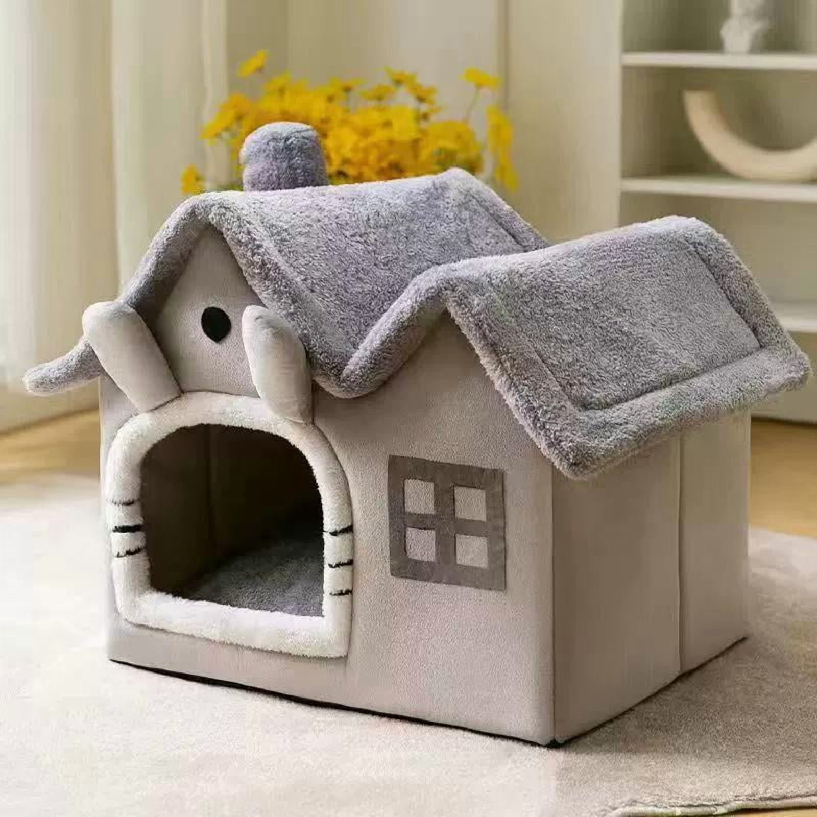 Pekkaxy Foldable Cat Bed, 13 x 12 x 11.8 Inch Gray Cave, Thick Coral Fleece for Indoor Winter Warmth and Security