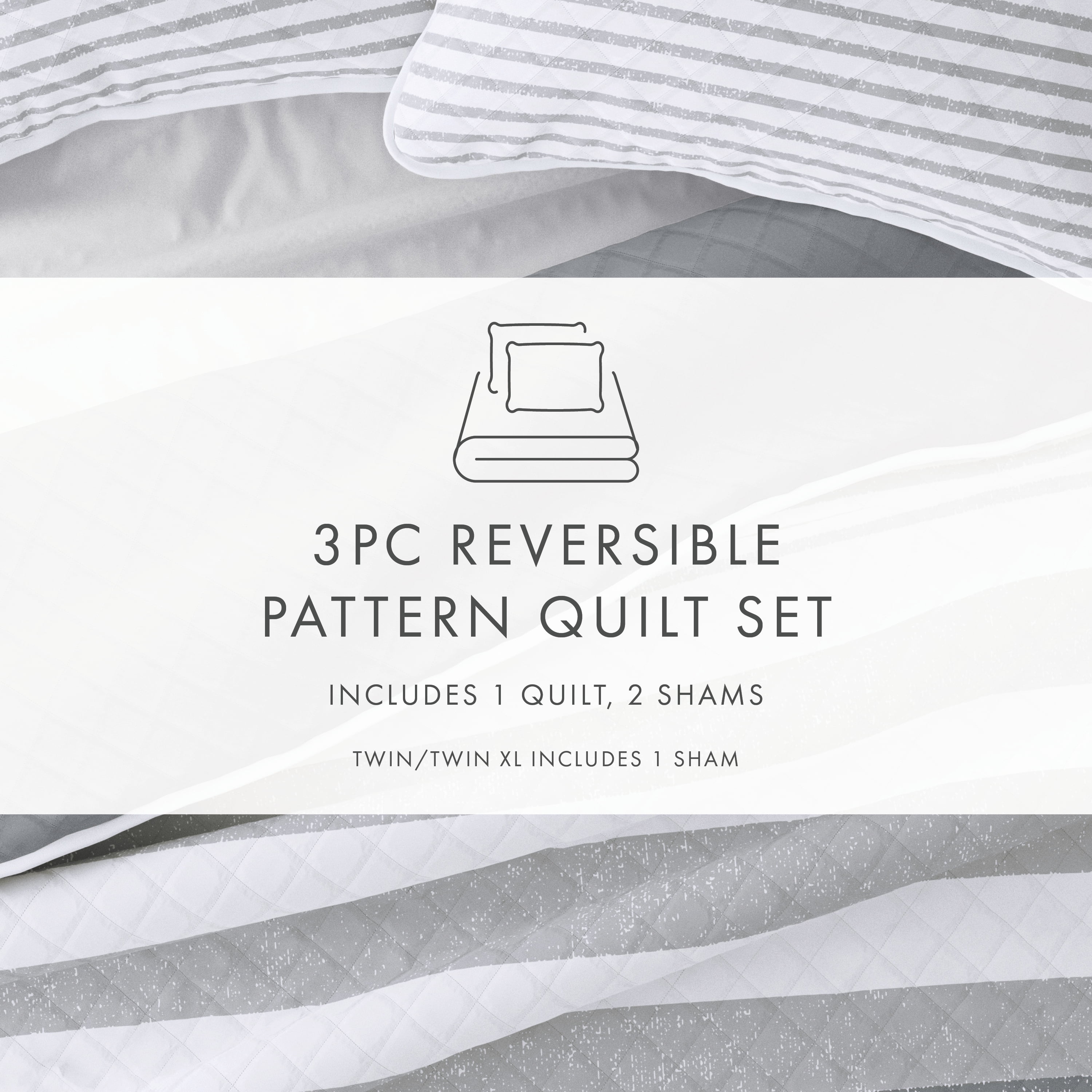 Noble Linens Light Grey 3 Piece Summer Stripes Reversible Microfiber Quilt Set, King / CalKing