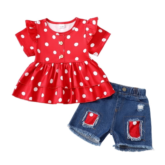 Kucnuzki 3T Toddler Girls Summer Outfits 4T Toddler Girls Casual Clothes Sets Ruffle Short Sleeves T-shirt Classic Dots Pullover Top Ripped Denim Shorts Sets 2pcs Red