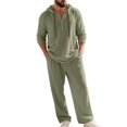 thumbnail image 2 of Men's Linen Blend 2 Piece Outfit Hooded Henley Shirt Drawstring Wide Leg Pants Set Green S, 2 of 10