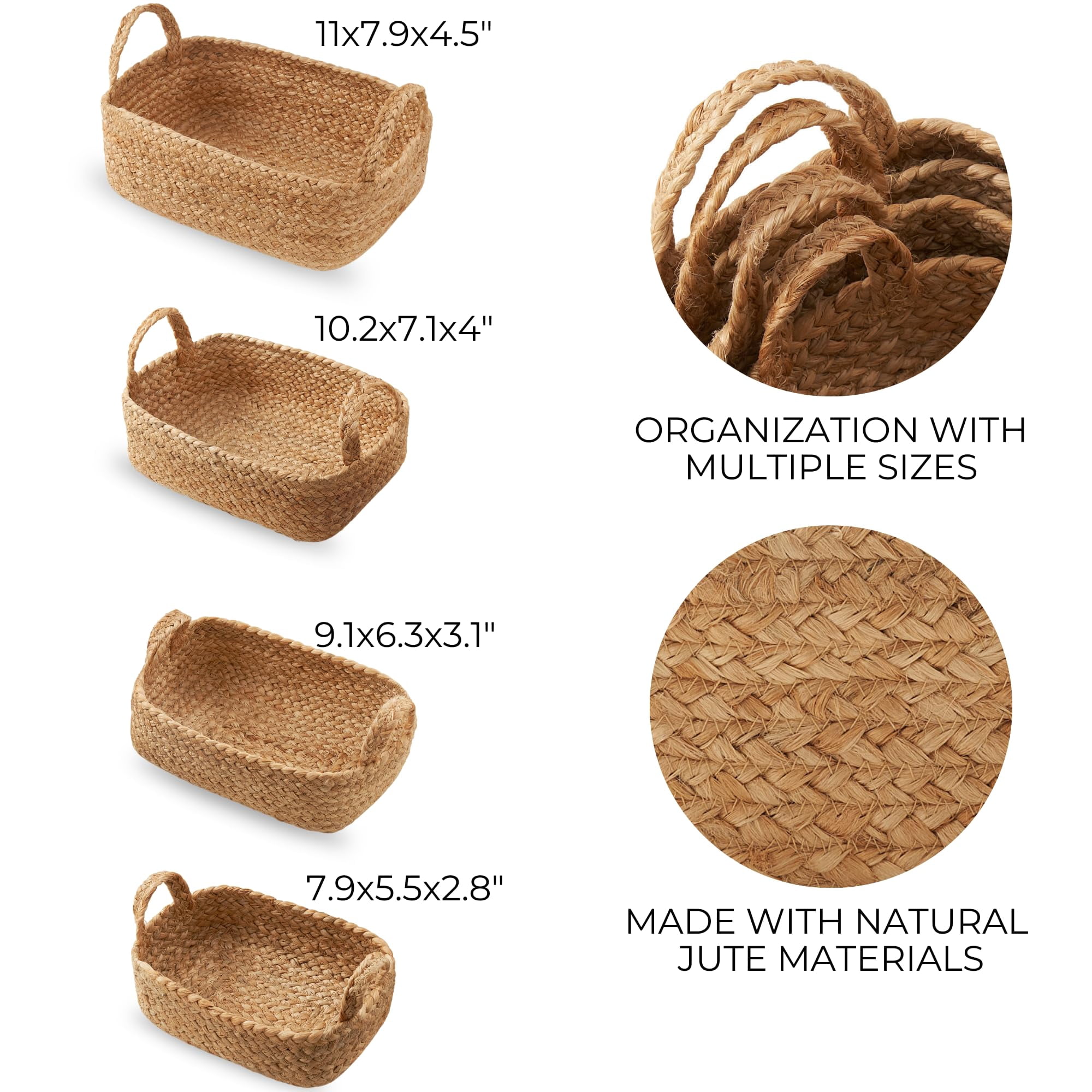 Storage Basket Set Of 4 - Jute Rope Baskets For Home Organization