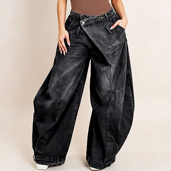 IUYRTFE Women's High Waist Vintage Washed Jeans with Fold Over Waistband and Wide Leg Baggy Fit Denim Pants