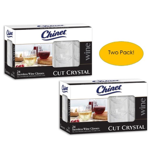 Stemless 15 oz, 48 Count Plastic Wine Glasses ,Cut Crystal