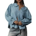 thumbnail image 2 of Women's Ruffled Long Sleeve Denim Shirts Button Down Denim Blouse Jackets Blue XL, 2 of 9
