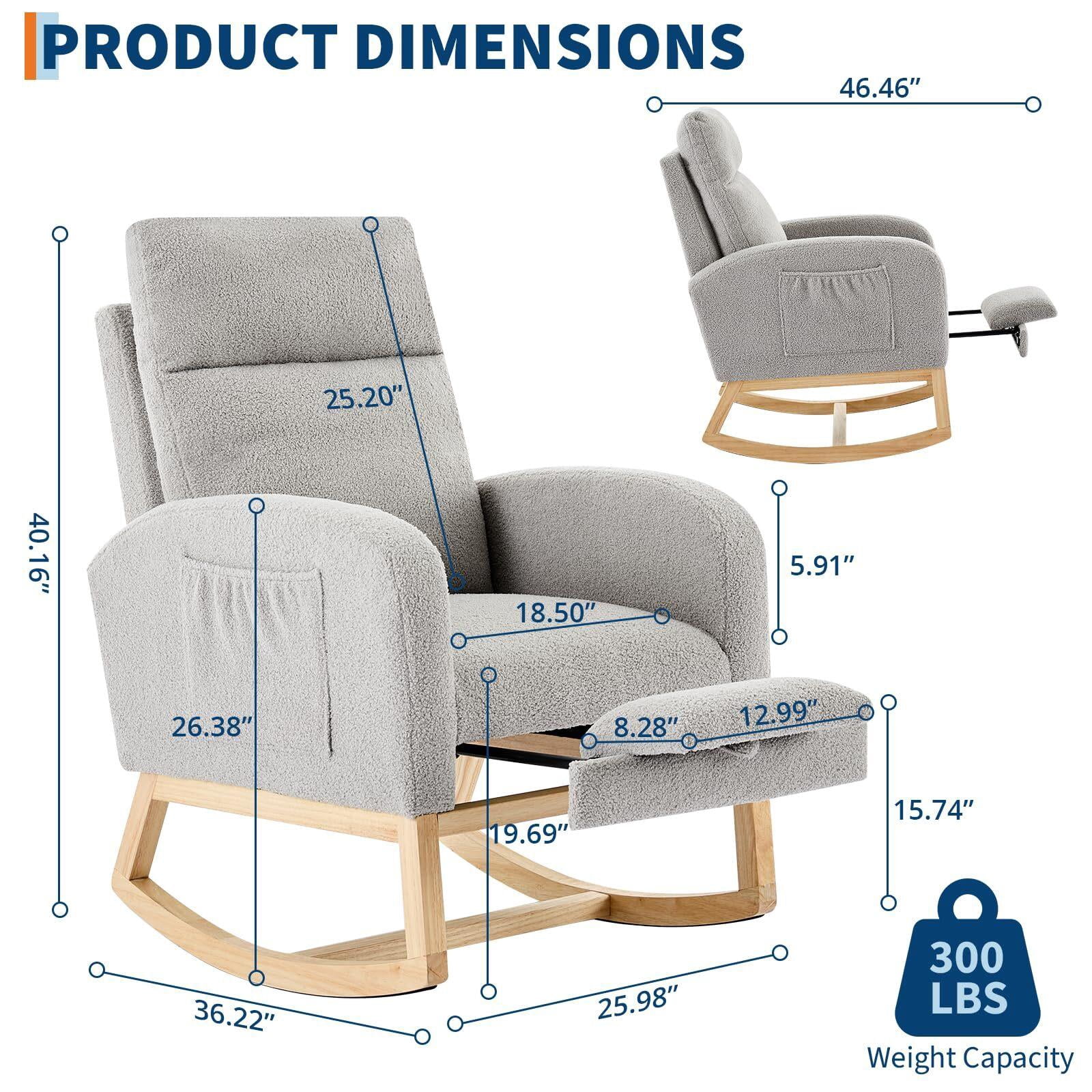 Modern Nursery Rocking Chair, Teddy Upholstered Rocking Chair with Footrest, Rocker Glider for Living Room, Bedroom, Nursing Room，Grey