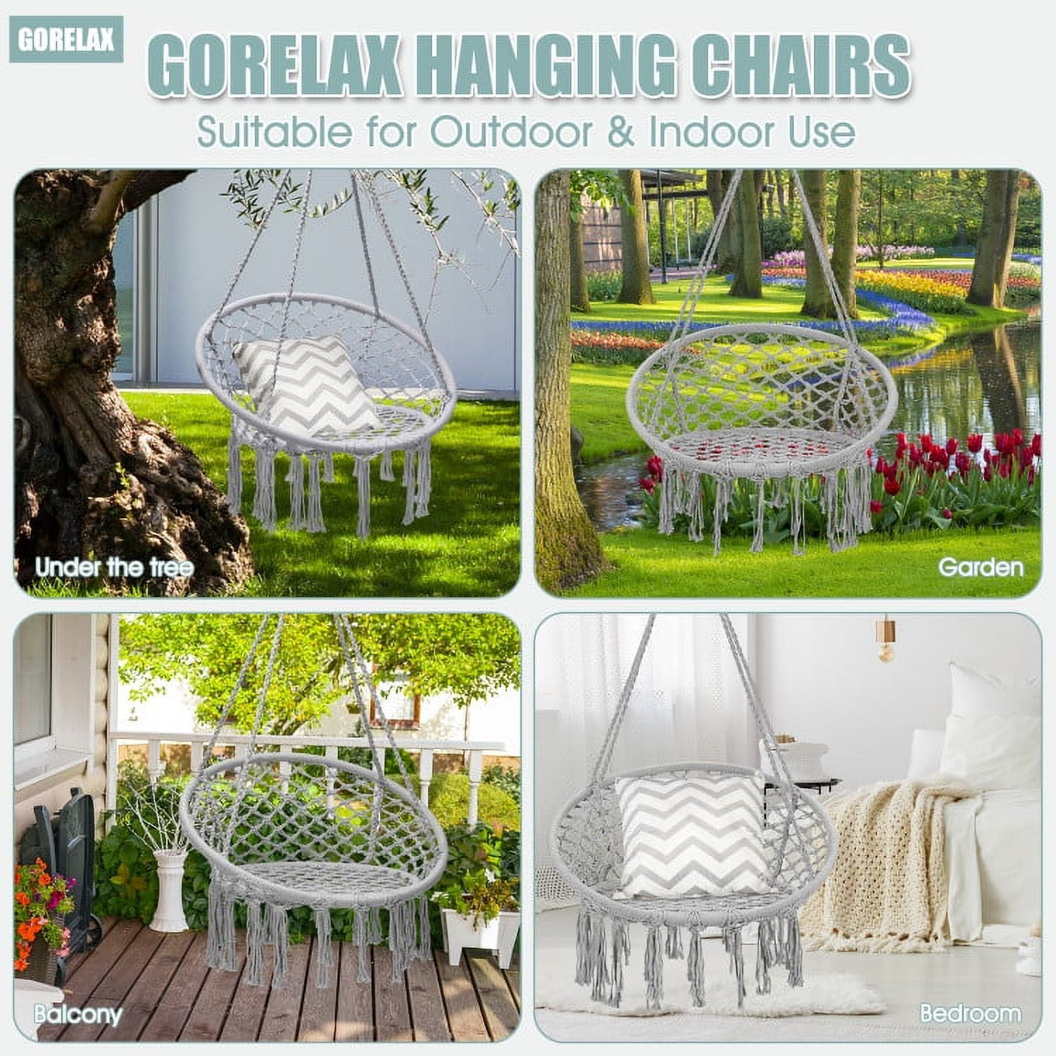 Aimee Lii Hanging Macrame Hammock Chair with Handwoven Cotton Backrest, Outdoor Deck Furniture, White