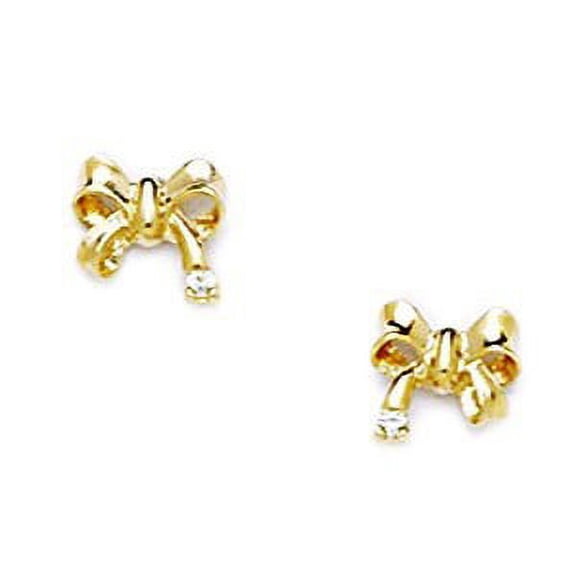 14k Yellow Gold Cubic Zirconia Small Bow Shaped Screw-Back Earrings - Measures 7x7mm