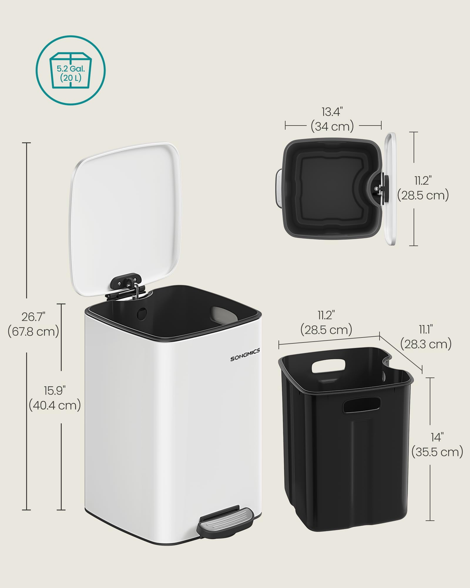 Kitchen Trash Can, 5.2-Gallon (20 L) Trash Bin, Stainless Steel Garbage Can, with Inner Bucket, Soft Close and Stays Open, Cloud White