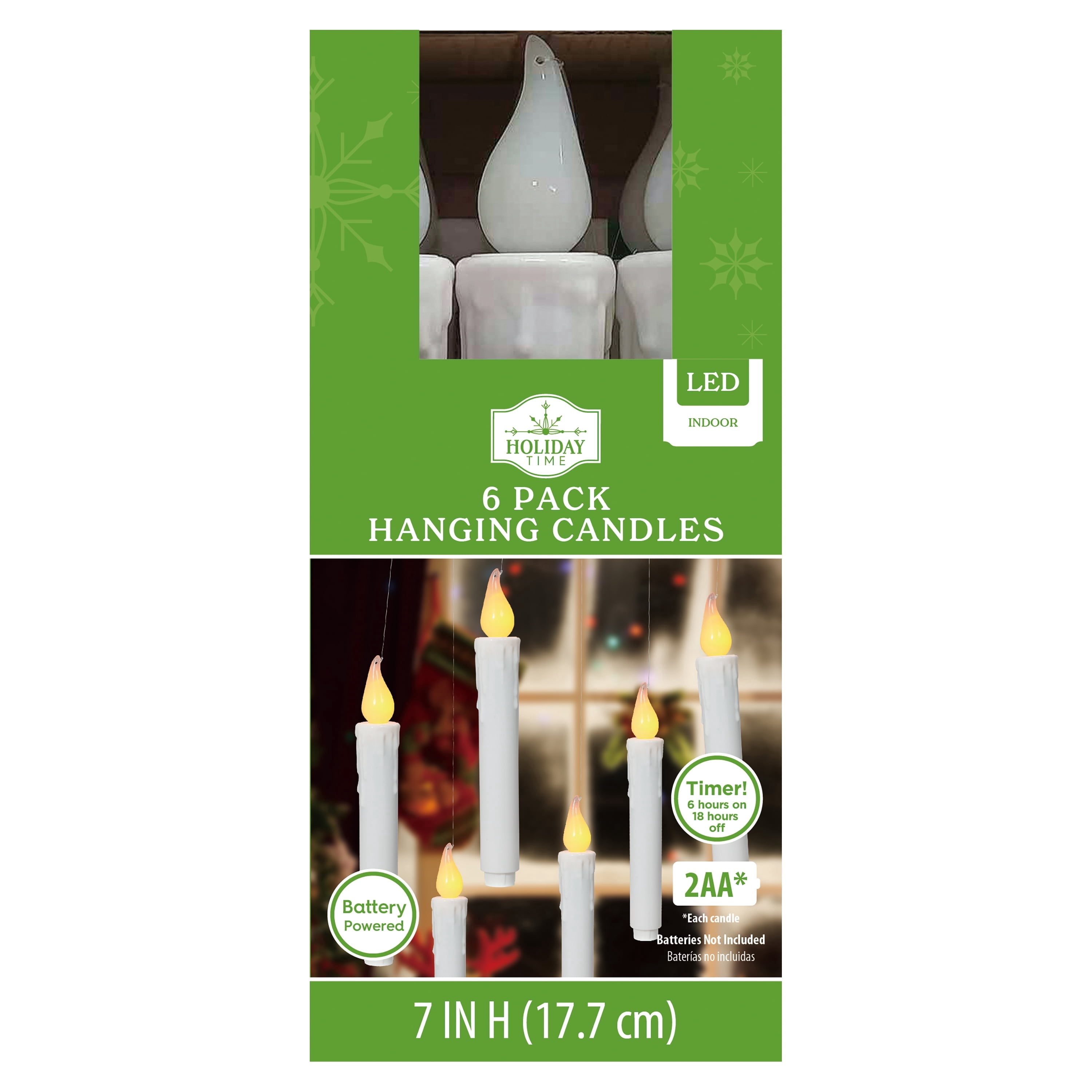 Indoor Battery-Operated LED Flameless Hanging Christmas Taper Candles, White, 7", 6 Count, by Holiday Time