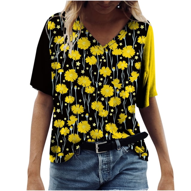 Camiseta informal para mujer con estampado floral y cuello en V, manga corta, jersey, blusa, tops Fridja bn6031