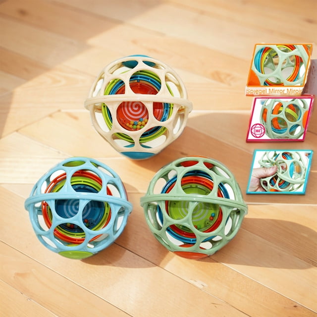 Juguete de fuerza de agarre de pelota con agarre de mano | Sonajero sensorial | Campana relajante | Entrenamiento de agarre | Diseño hueco | 9,5 cm de diámetro | Material ecológico | Verde Beige