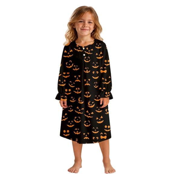 Girls Pajamas Loose Halloween Pumpkin Print Crew Neck Long Sleeve Ruffle Nightgown Pjs for Girls Size 3-4 Y