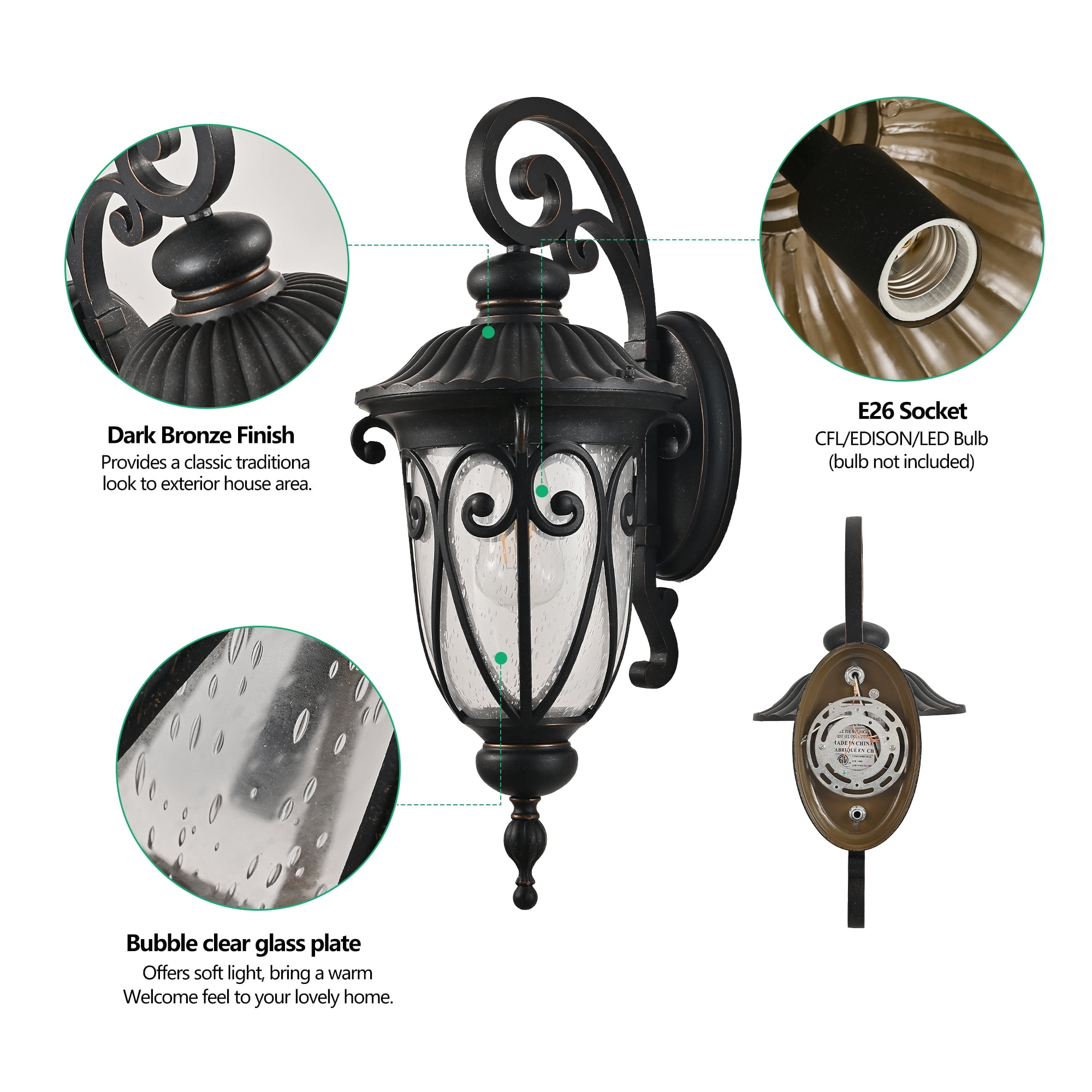 23.1" Outdoor Porch Light with Wall Mount - Antique Bronze Exterior Wall Sconce Lantern for Garage, Patio, and Entryway Lighting