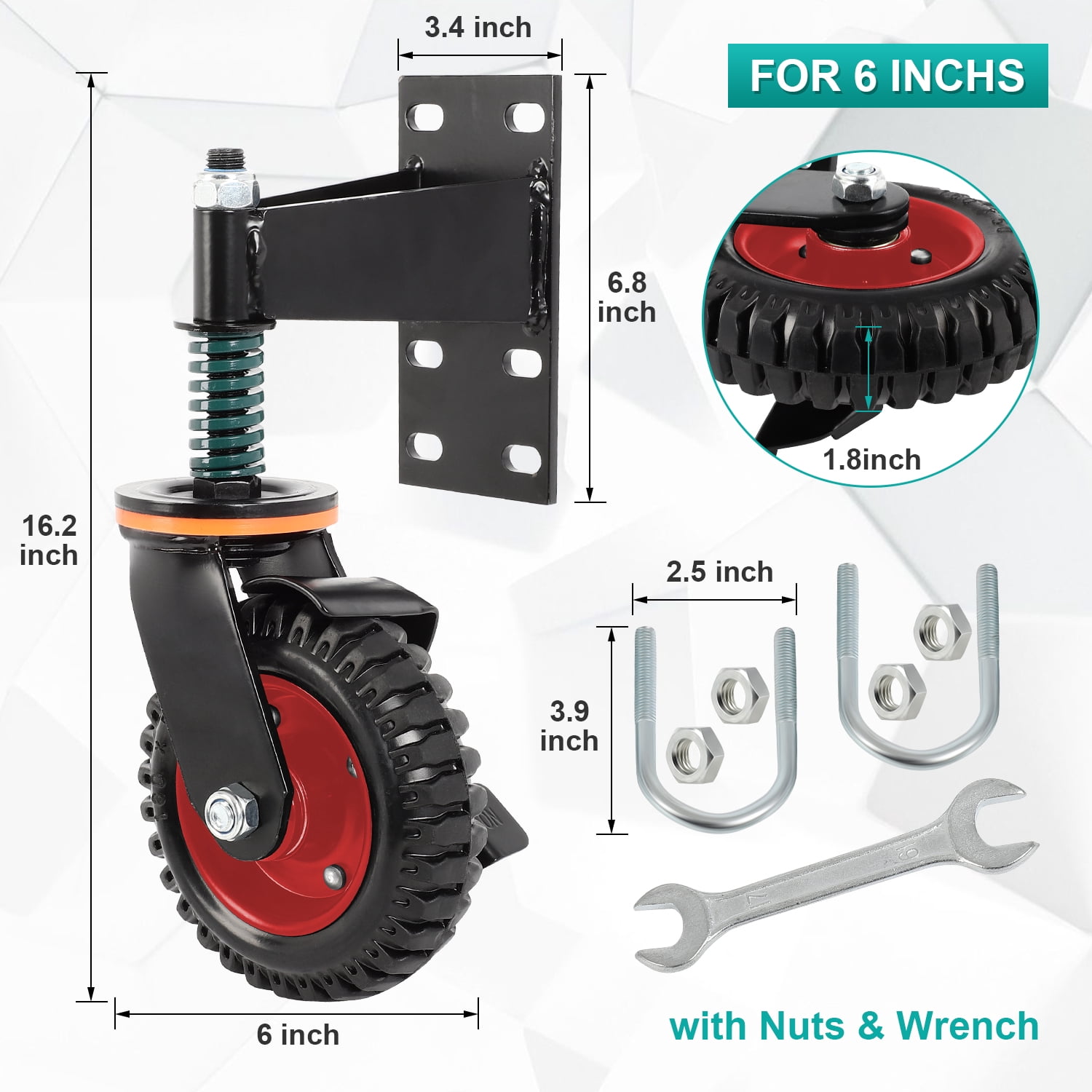 6inch Gate Casters Heavy Duty Gate Wheel with Brake for Wooden/Gate Metal Tube Gate, with Nuts Wrench Gloves 500 Lb Capacity Spring Loaded Fence Gate Wheel with 360 Degree, 2 Pack