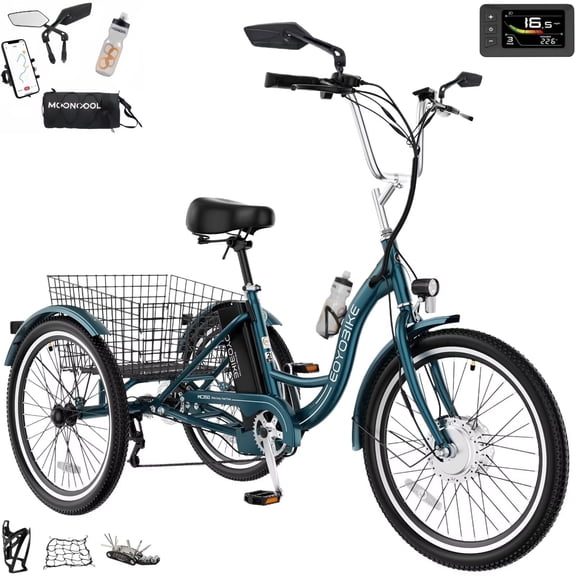 MOONCOOL Electric Trike for Adults w/ Rearview Mirror kit, 700W Peak Motor 10.4Ah battery,24"/26" 7 Speeds 3 Wheels Low Step Through Unisex Electric Trikes,35-60Miles