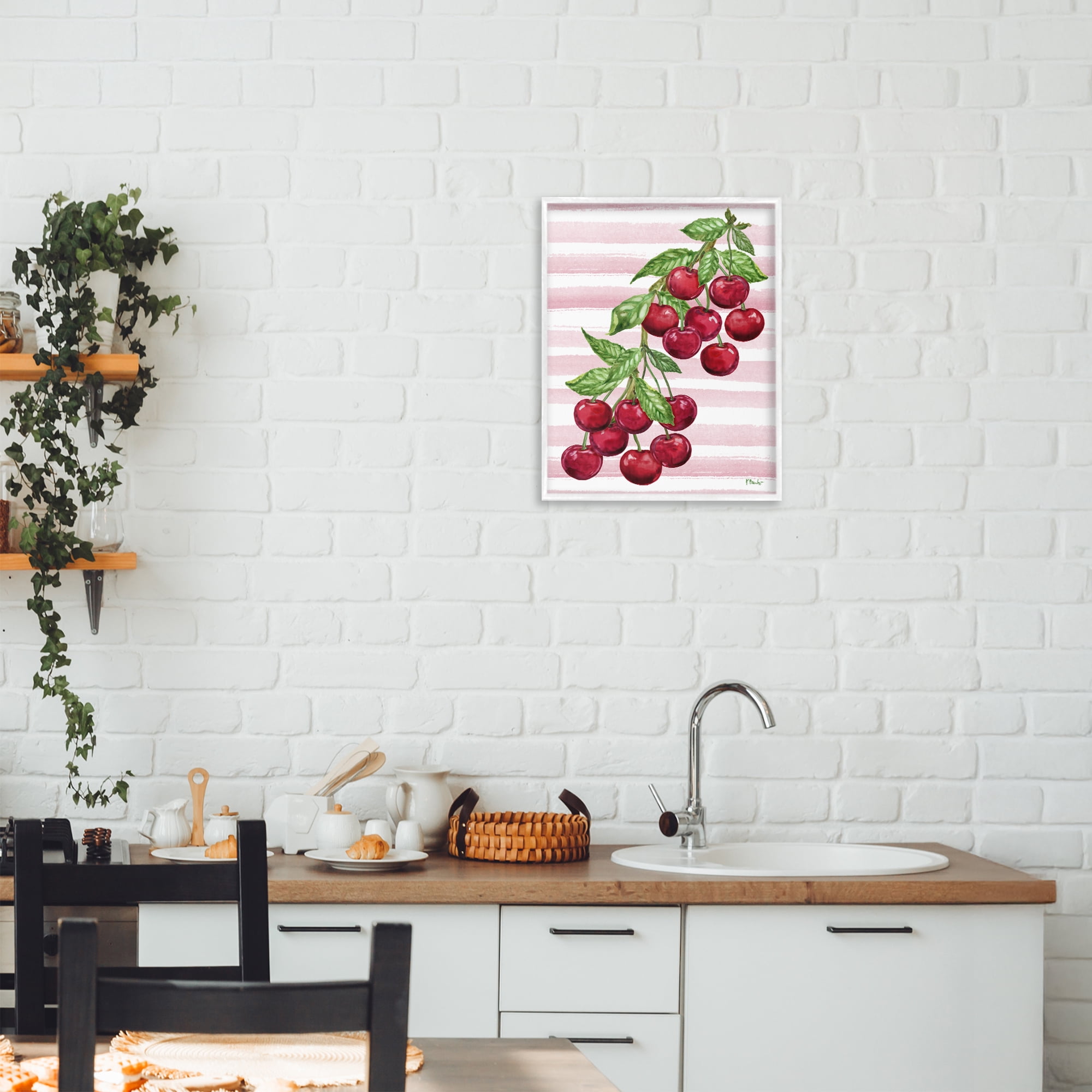 Stupell Industries Juicy Cherry Vine on Stripes White Framed Giclee Art, design by Paul Brent