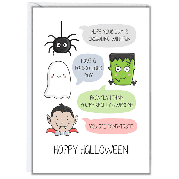 Halloween Card for Kids – Fun Spider, Ghost, Dracula & Frankenstein Design – “Happy Halloween” Message – Includes Envelope, Perfect for Trick or Treat, Parties, or Just Because