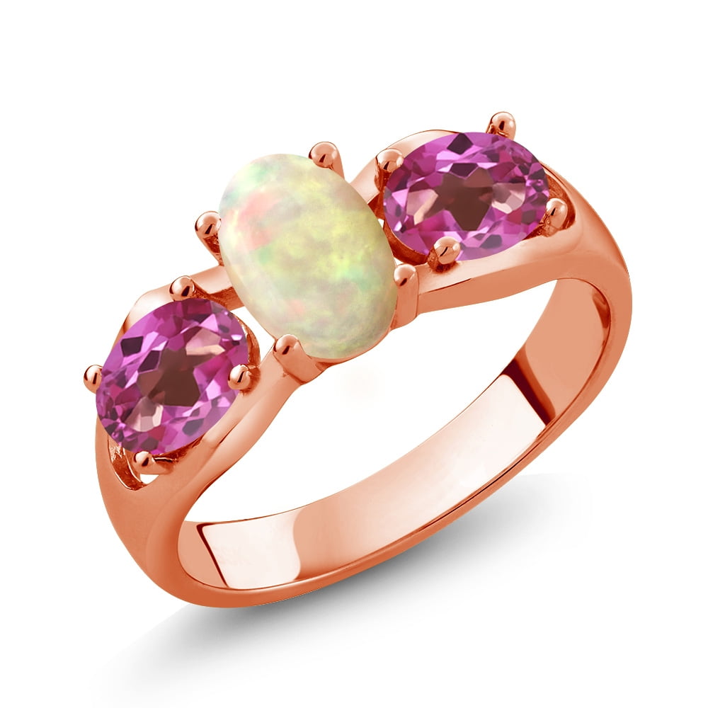 1.51 Ct Oval Cabochon White Ethiopian Opal Pink Mystic Topaz 18K Rose Gold Ring by